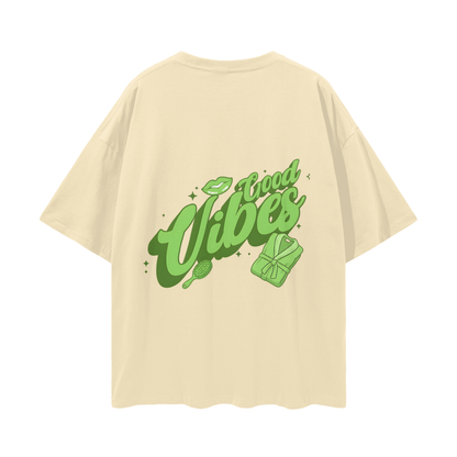 T-shirt with green 'Good Vibes' - Light Apricot