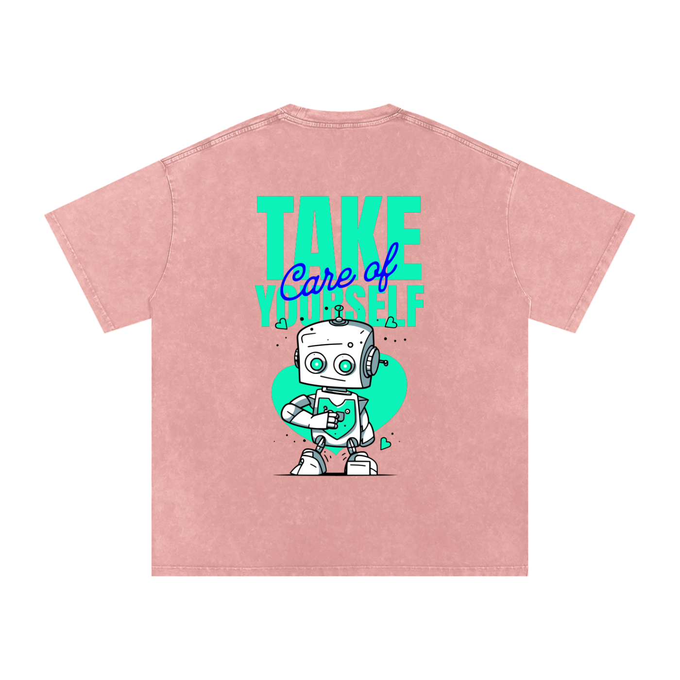 t-shirt with robot graphic and 'Take Care of Yourself' - Light Pink