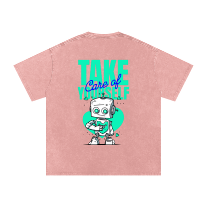 t-shirt with robot graphic and 'Take Care of Yourself' - Light Pink
