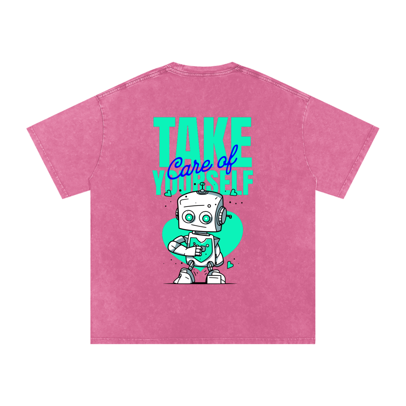 t-shirt with robot graphic and 'Take Care of Yourself' - Rose Red
