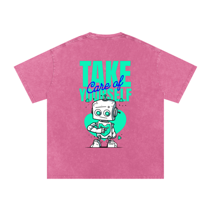 t-shirt with robot graphic and 'Take Care of Yourself' - Rose Red
