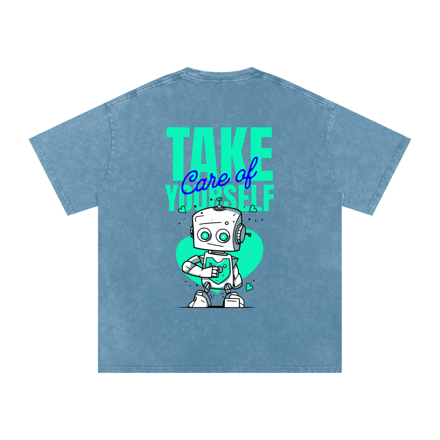 t-shirt with robot graphic and 'Take Care of Yourself' - Blue Jeans