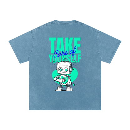 t-shirt with robot graphic and 'Take Care of Yourself' - Blue Jeans