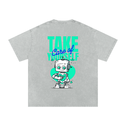 t-shirt with robot graphic and 'Take Care of Yourself' - Light Gray