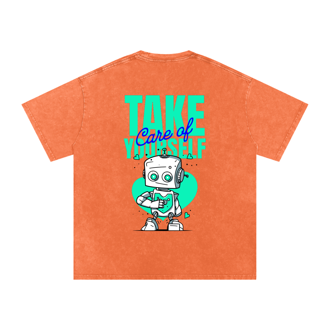 t-shirt with robot graphic and 'Take Care of Yourself' - Orange