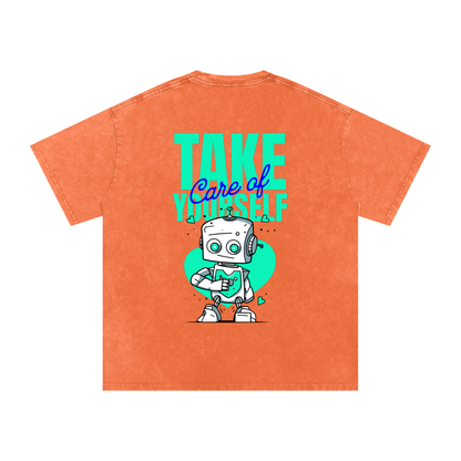 t-shirt with robot graphic and 'Take Care of Yourself' - Orange