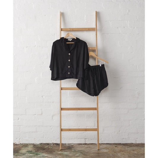 Bamboo Pyjamas - Crop Button Up + Short PJ Set in Black
