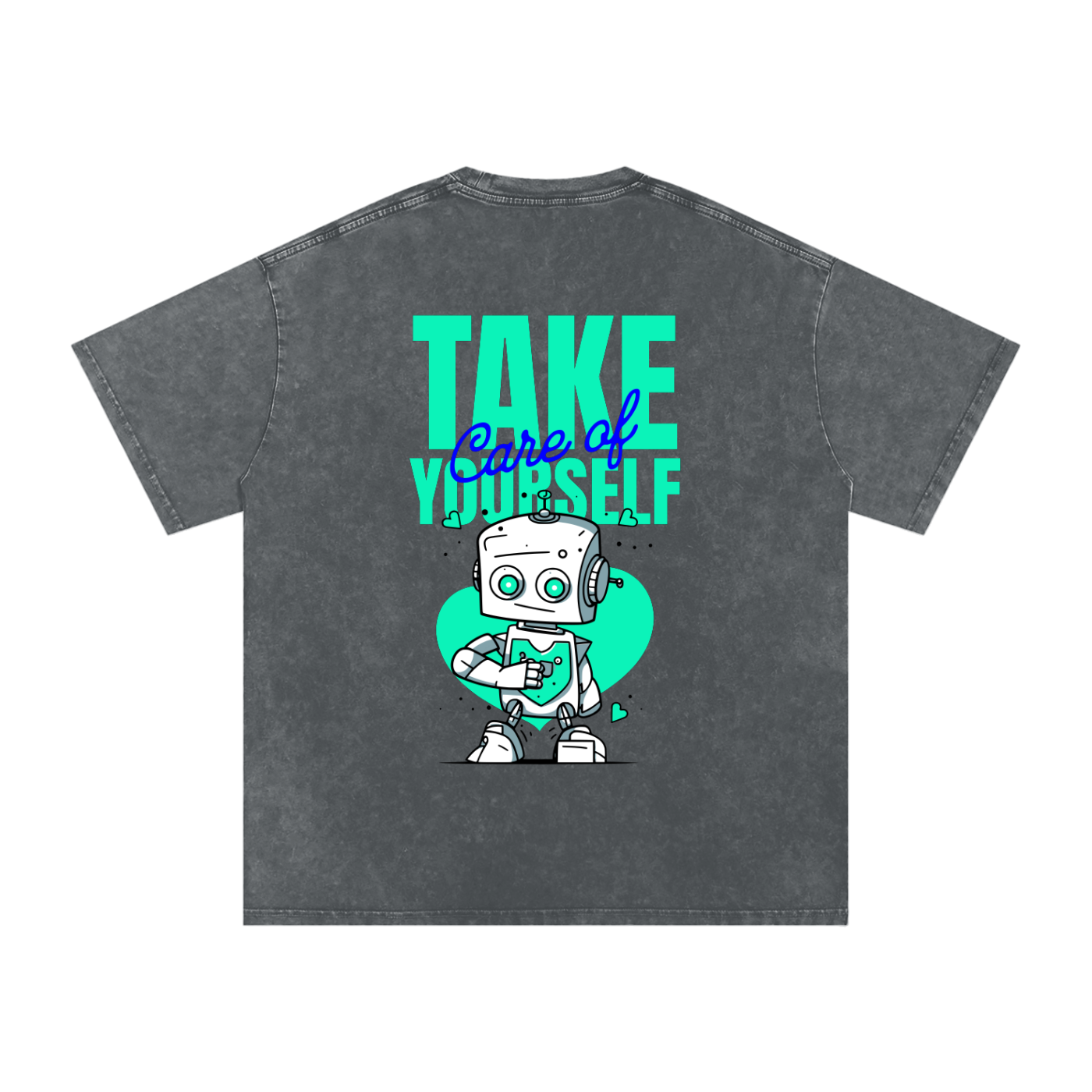 t-shirt with robot graphic and 'Take Care of Yourself' - Pirate Gray