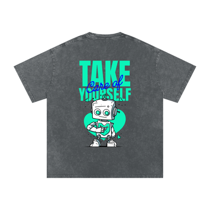 t-shirt with robot graphic and 'Take Care of Yourself' - Pirate Gray