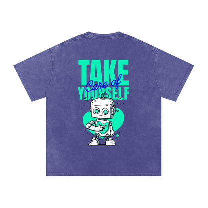 t-shirt with robot graphic and 'Take Care of Yourself' - Purple Haze