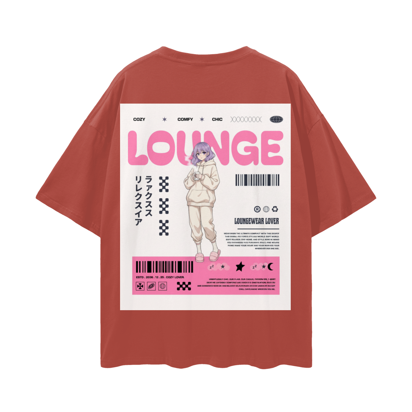 T-shirt with a graphic design Anime Girl. - Brick Red