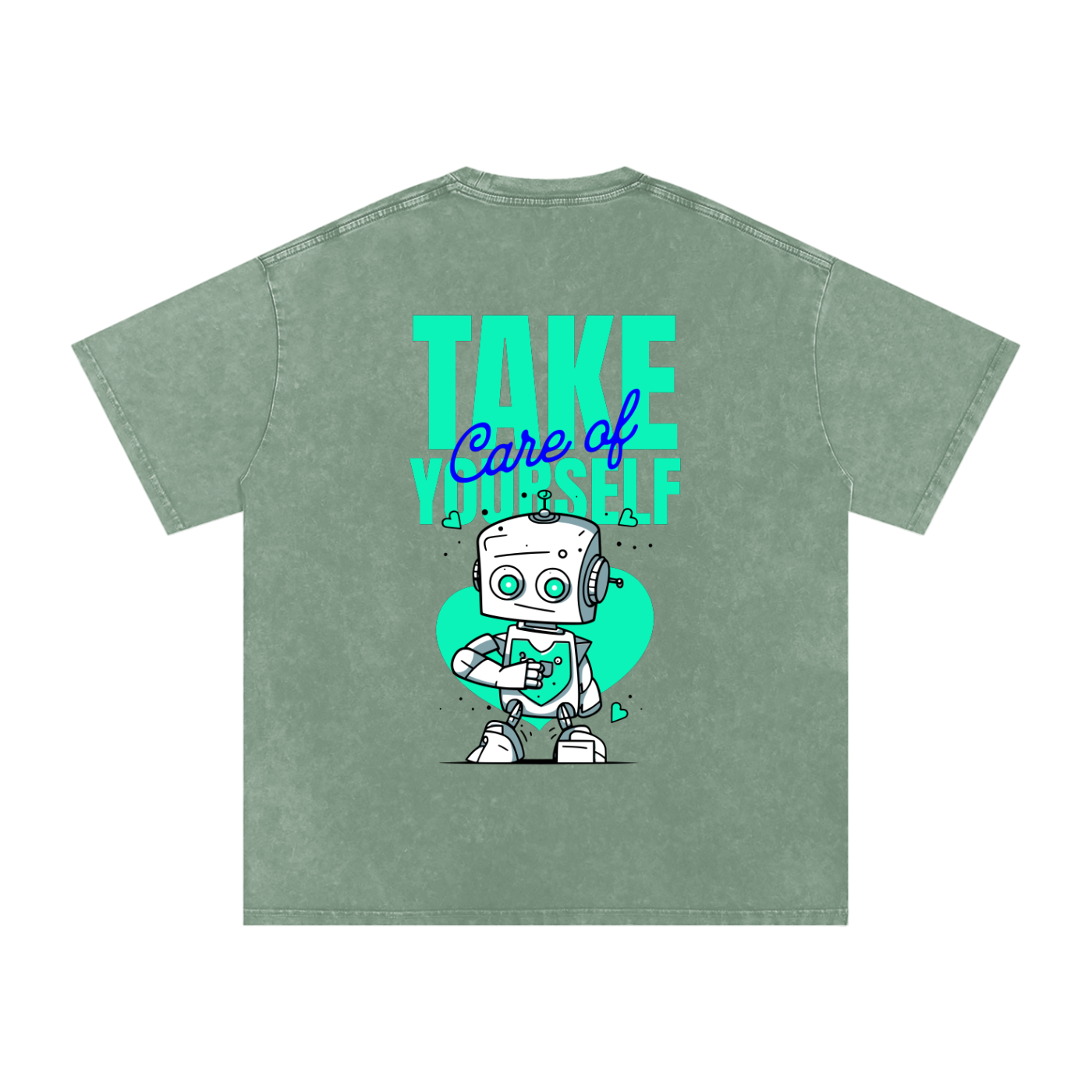 t-shirt with robot graphic and 'Take Care of Yourself' - Bean Green