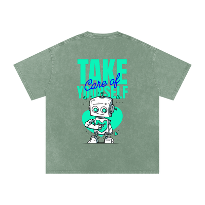 t-shirt with robot graphic and 'Take Care of Yourself' - Bean Green