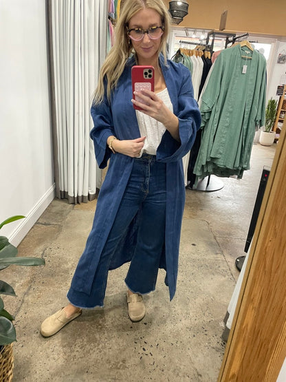 Linen Bathrobe - Navy (Long)