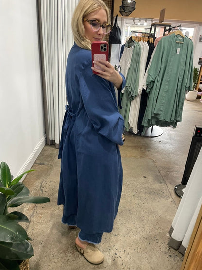 Linen Bathrobe - Navy (Long)