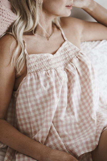 Linen Set Cami & Shorts in Pink & Cream Gingham
